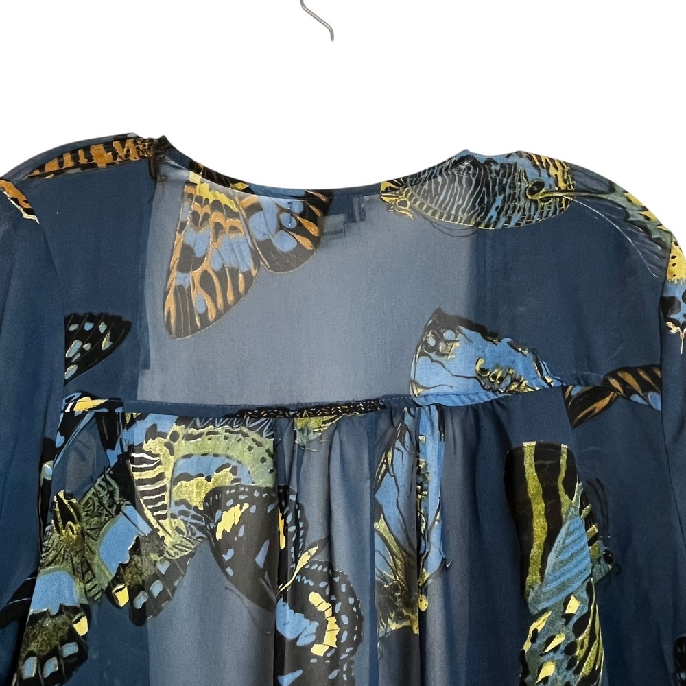 One World Blue Butterfly Print Sheer Open Front Kimono Cardigan‎ Swim Cover Med - Picture 6 of 7